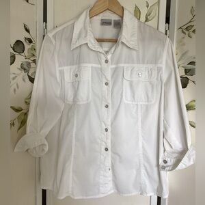 🌺 CHICO’S white shirt Sz 2 button down mother of pearl buttons stretch cotton